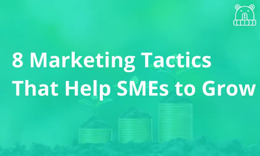 Illustration of marketing tactics for SMEs including social media, SEO, email, and ads